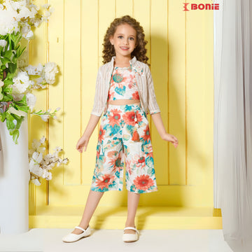 Stylish Orange Floral Printed Co-Ord Set With Overcoat
