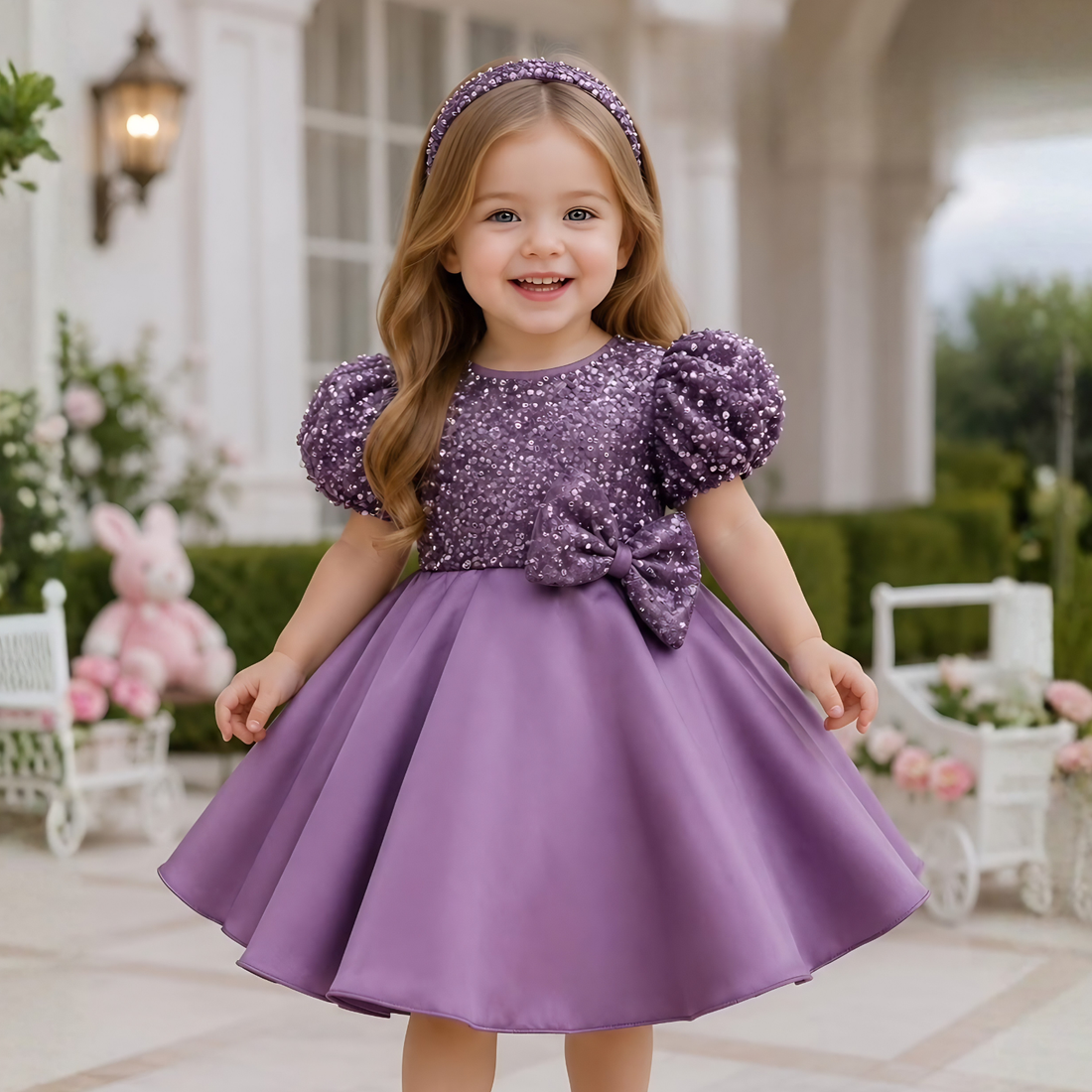 Girls Purple Sequinned Party Wear Frock with Bow