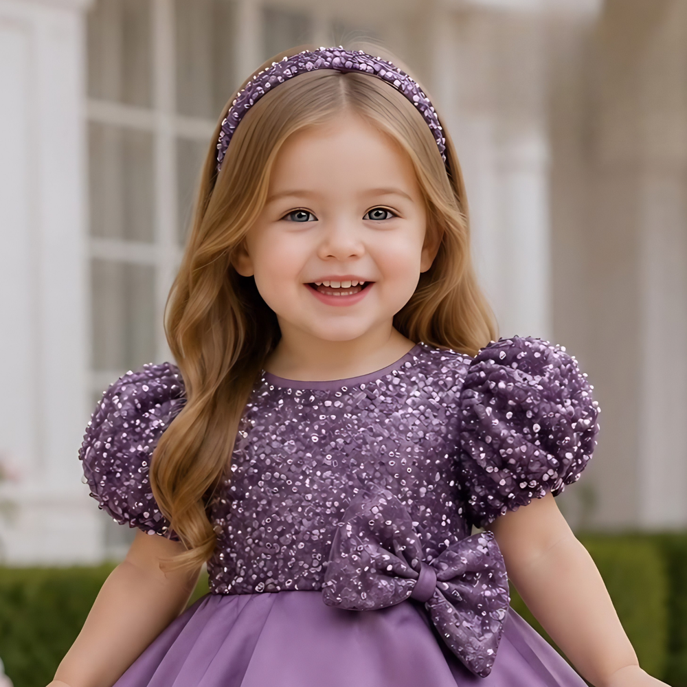 Girls Purple Sequinned Party Wear Frock with Bow