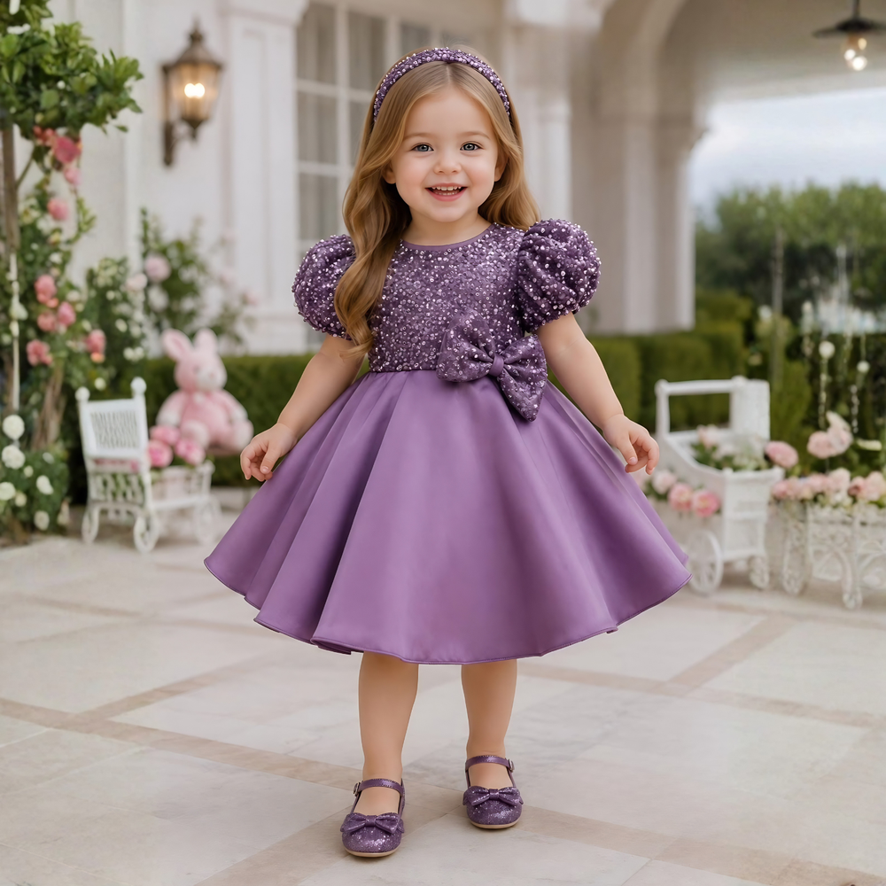 Girls Purple Sequinned Party Wear Frock with Bow