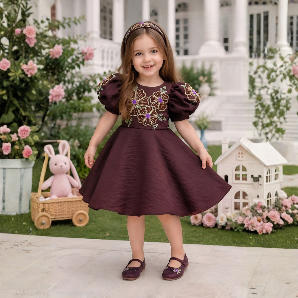 Coffee Floral Embroidered Puff Sleeve Party Frock For Girls