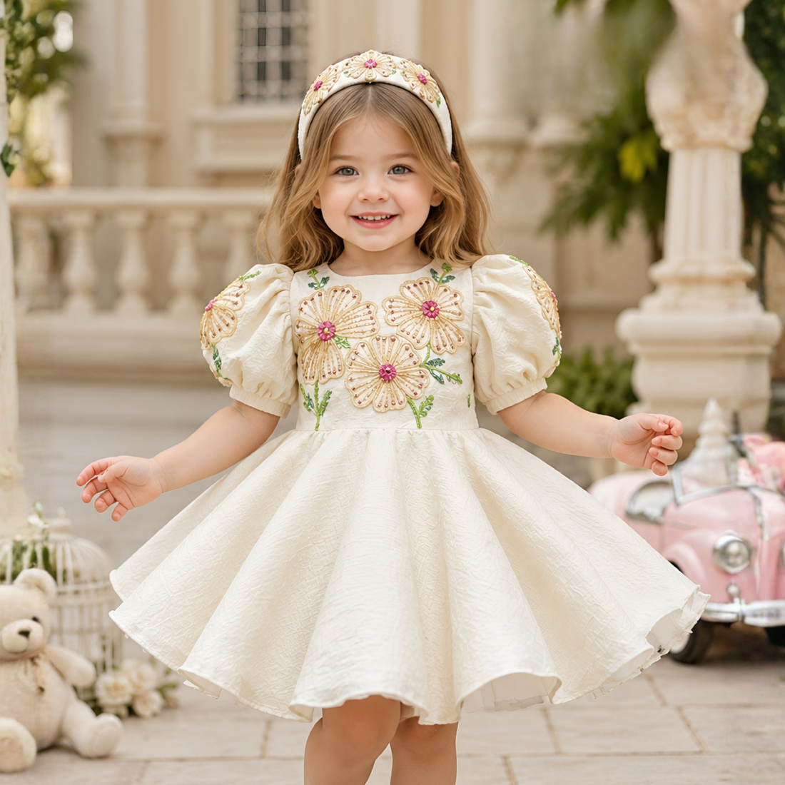 Cream Floral Embroidered Puff Sleeve Party Frock For Girls