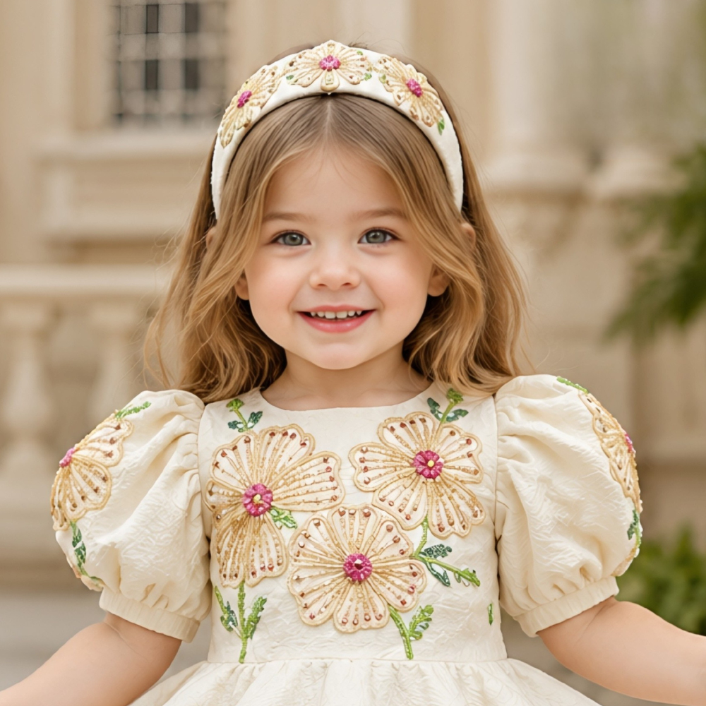Cream Floral Embroidered Puff Sleeve Party Frock For Girls