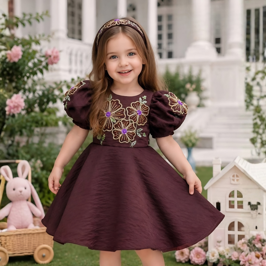 Coffee Floral Embroidered Puff Sleeve Party Frock For Girls