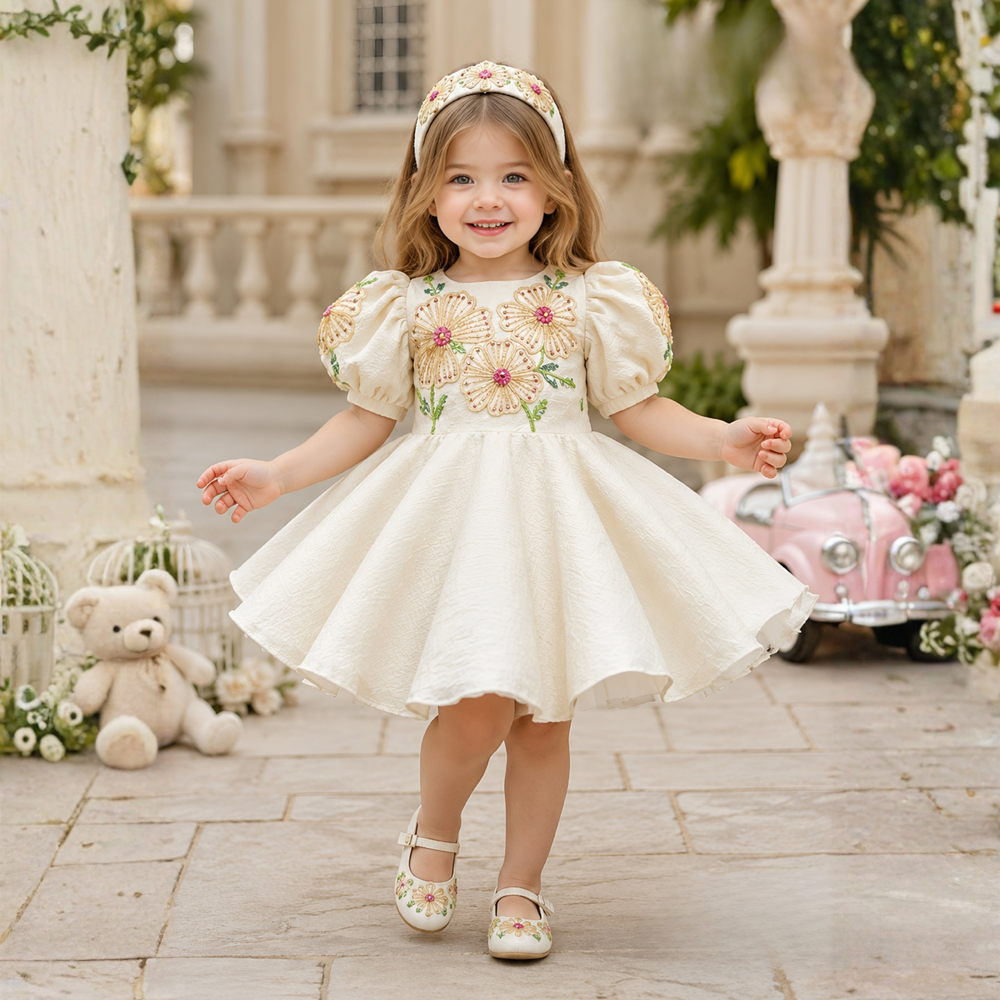 Cream Floral Embroidered Puff Sleeve Party Frock For Girls