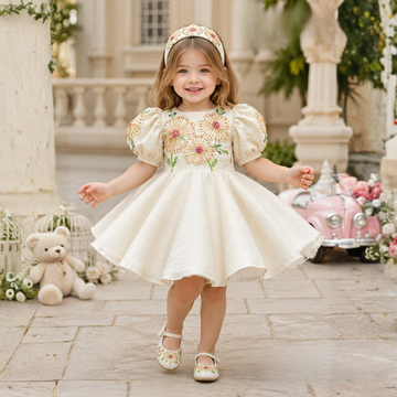 Cream Floral Embroidered Puff Sleeve Party Frock For Girls