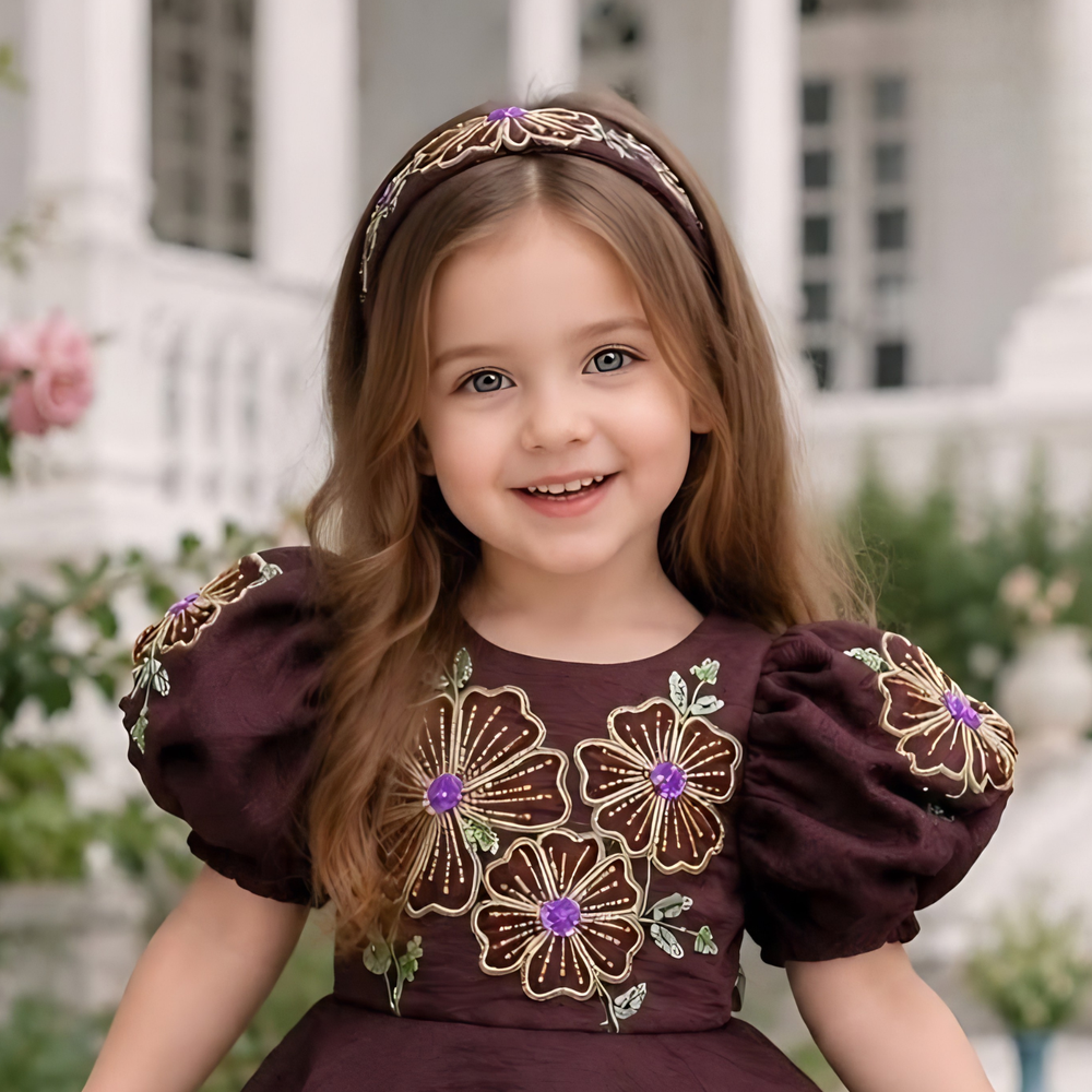 Coffee Floral Embroidered Puff Sleeve Party Frock For Girls