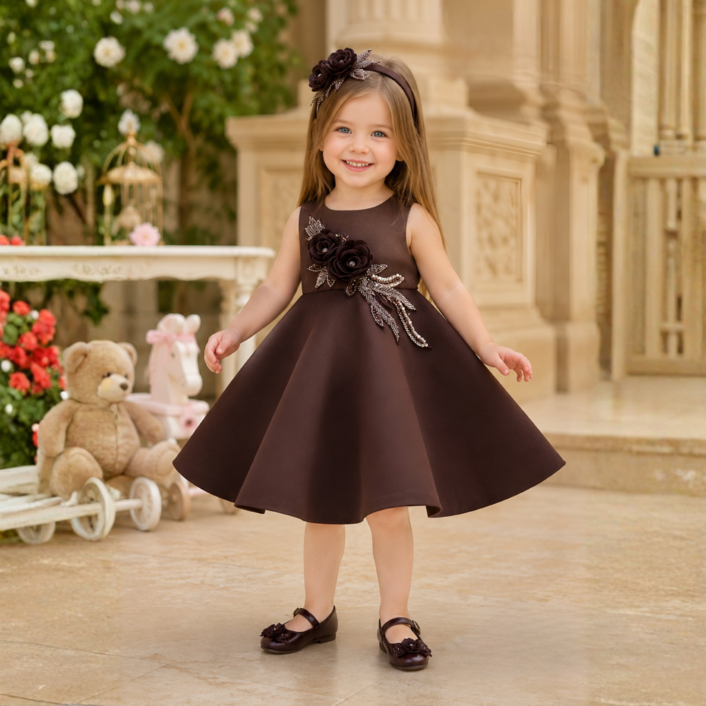 Coffee Floral Embellished Party Wear Frock For Girls
