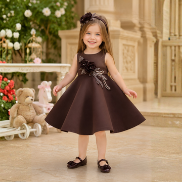 Coffee Floral Embellished Party Wear Frock For Girls
