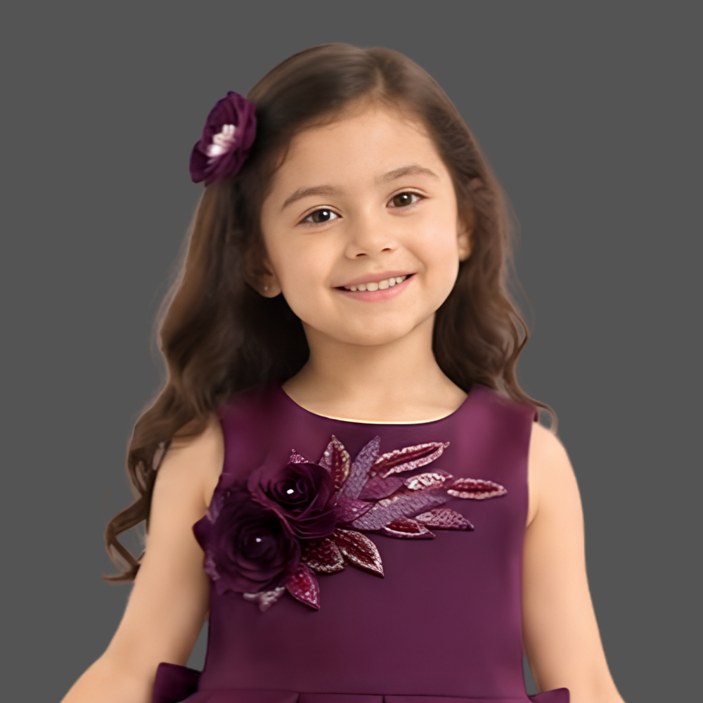 Coffee Floral Embellished Party Wear Frock For Girls