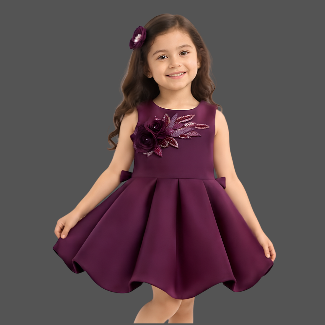 Coffee Floral Embellished Party Wear Frock For Girls