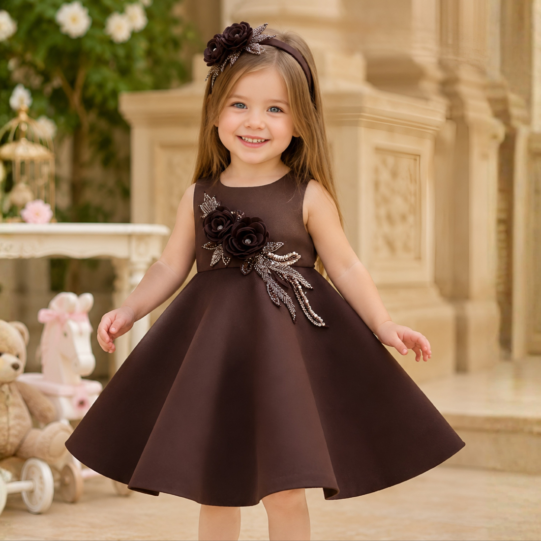 Coffee Floral Embellished Party Wear Frock For Girls