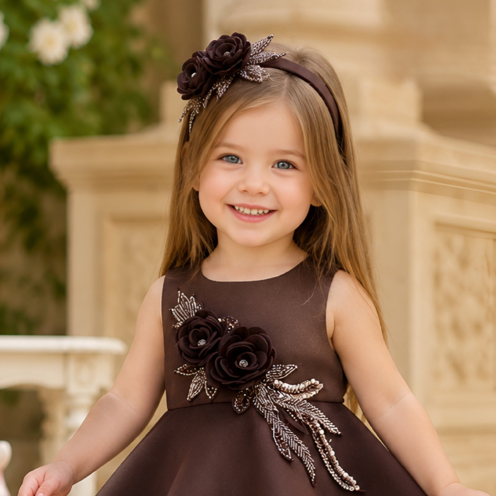Coffee Floral Embellished Party Wear Frock For Girls