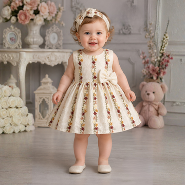 Girls Cream Embroidered Party Wear Frock