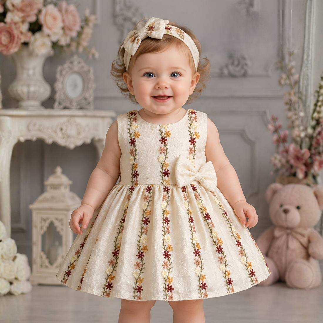 Girls Cream Embroidered Party Wear Frock