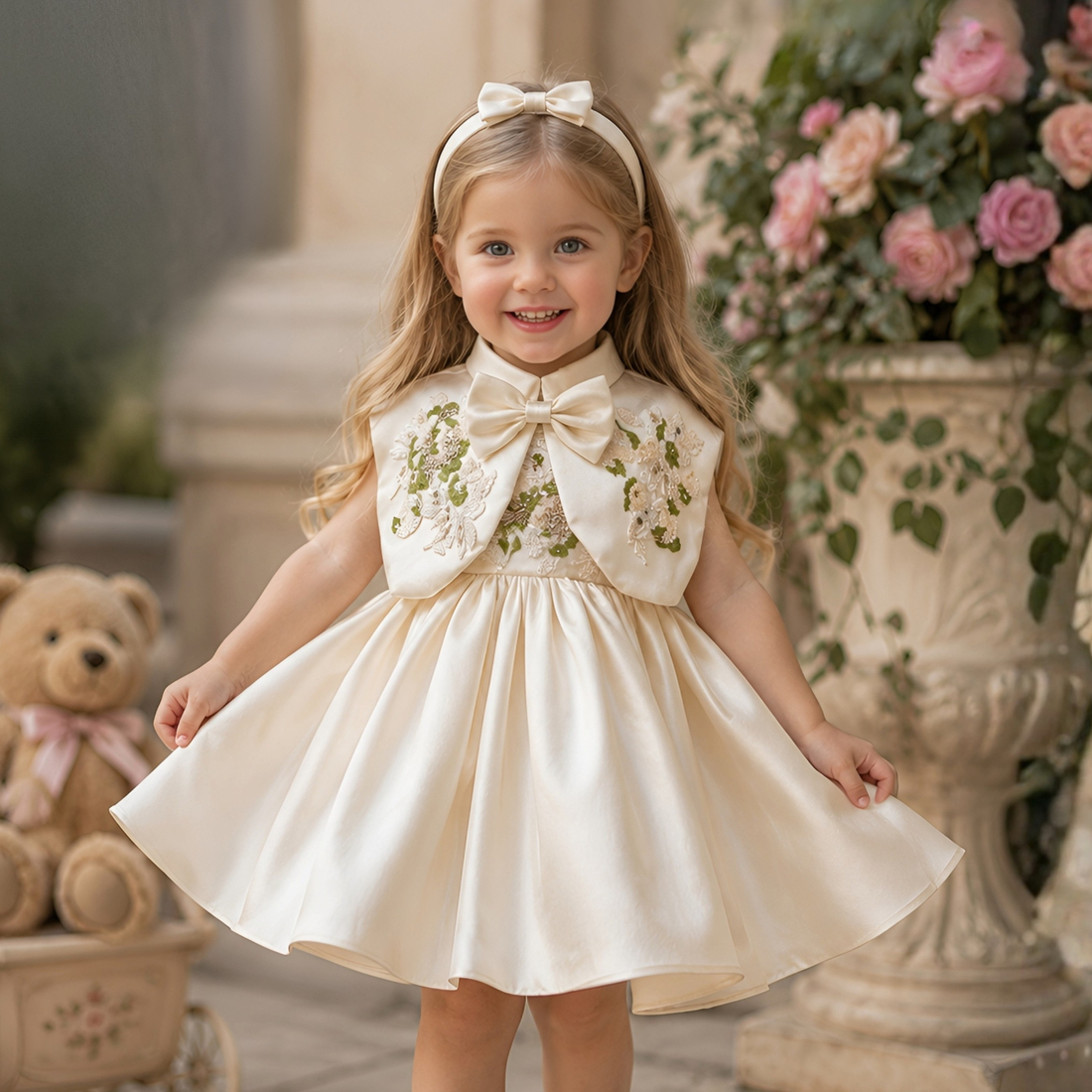 Cream Embellished Party Wear Frock with Bow Waist Accent For Girls