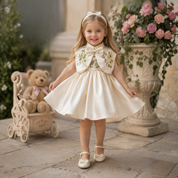 Cream Embellished Party Wear Frock with Bow Waist Accent For Girls