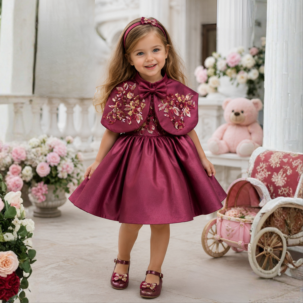 Maroon Embellished Party Wear Frock with Bow Waist Accent For Girls