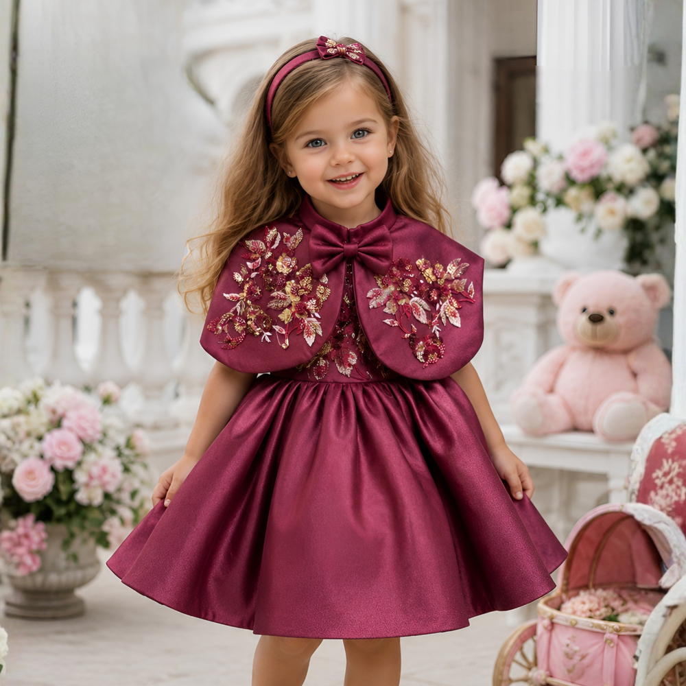 Maroon Embellished Party Wear Frock with Bow Waist Accent For Girls