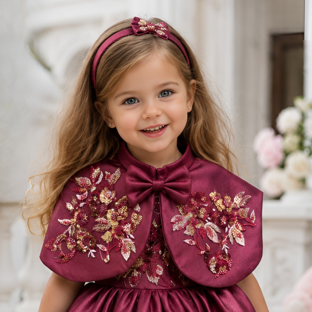 Maroon Embellished Party Wear Frock with Bow Waist Accent For Girls
