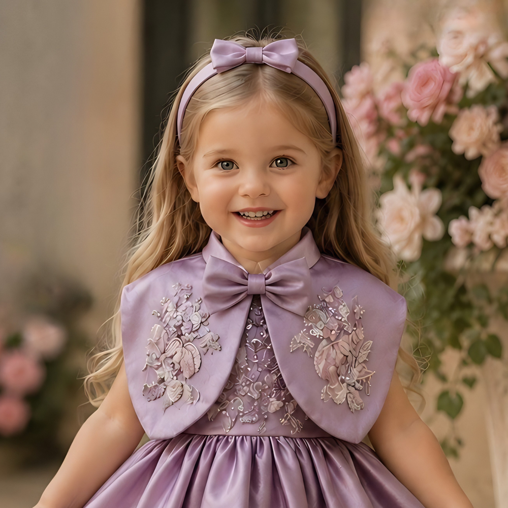 Purple Embellished Party Wear Frock with Bow Waist Accent For Girls