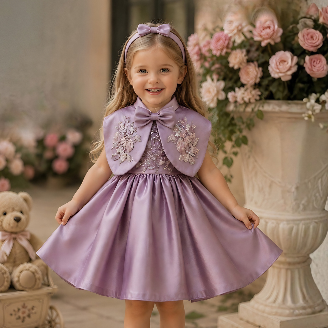 Purple Embellished Party Wear Frock with Bow Waist Accent For Girls