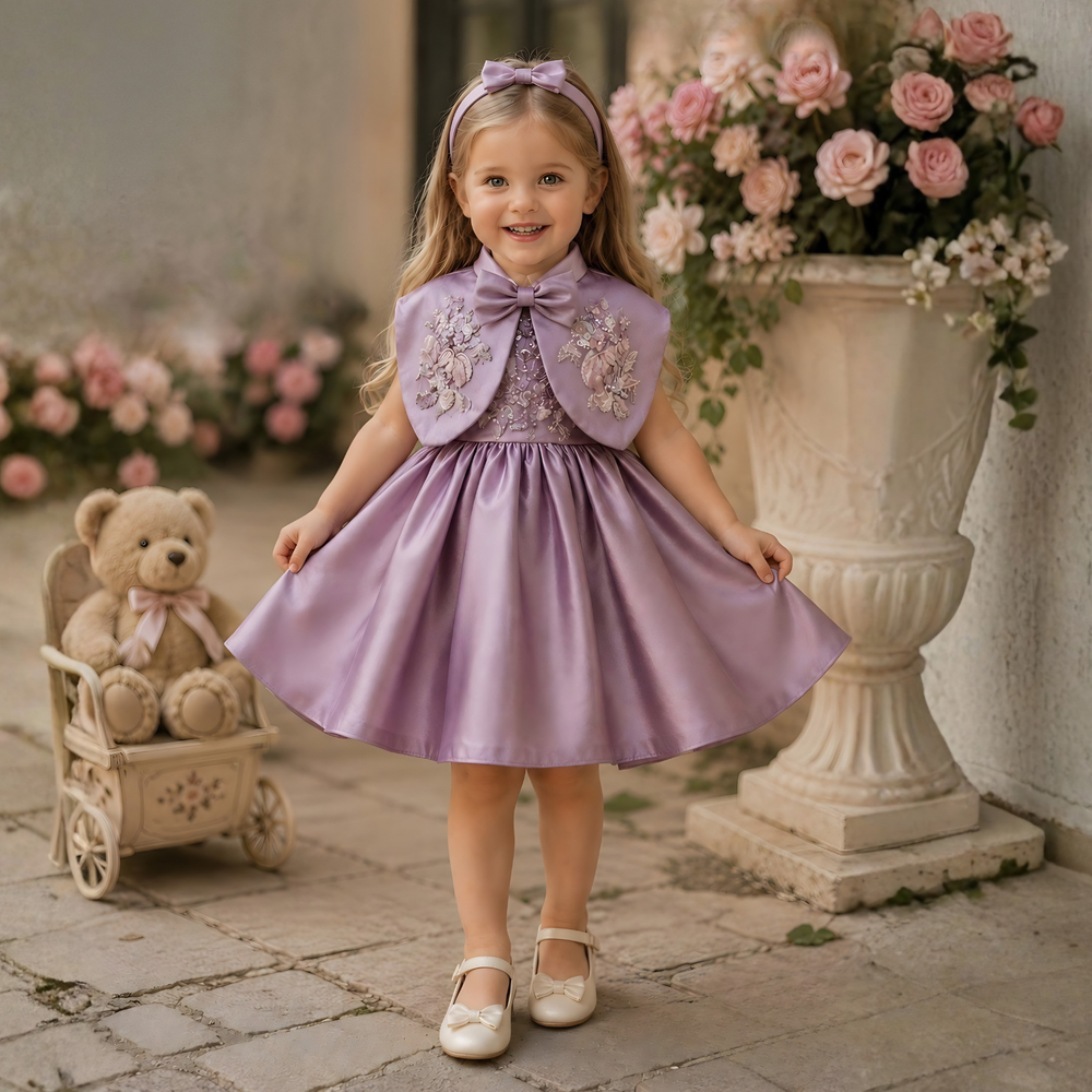 Purple Embellished Party Wear Frock with Bow Waist Accent For Girls