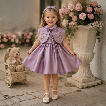 Purple Embellished Party Wear Frock with Bow Waist Accent For Girls