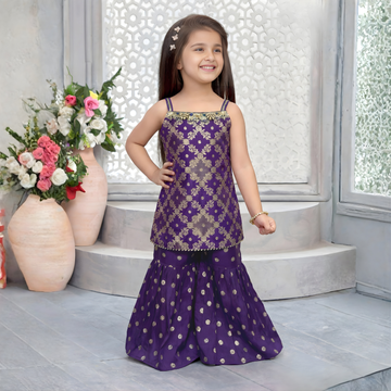 Beautiful Purple Embroidered Kurti Palazzo Set For Girls