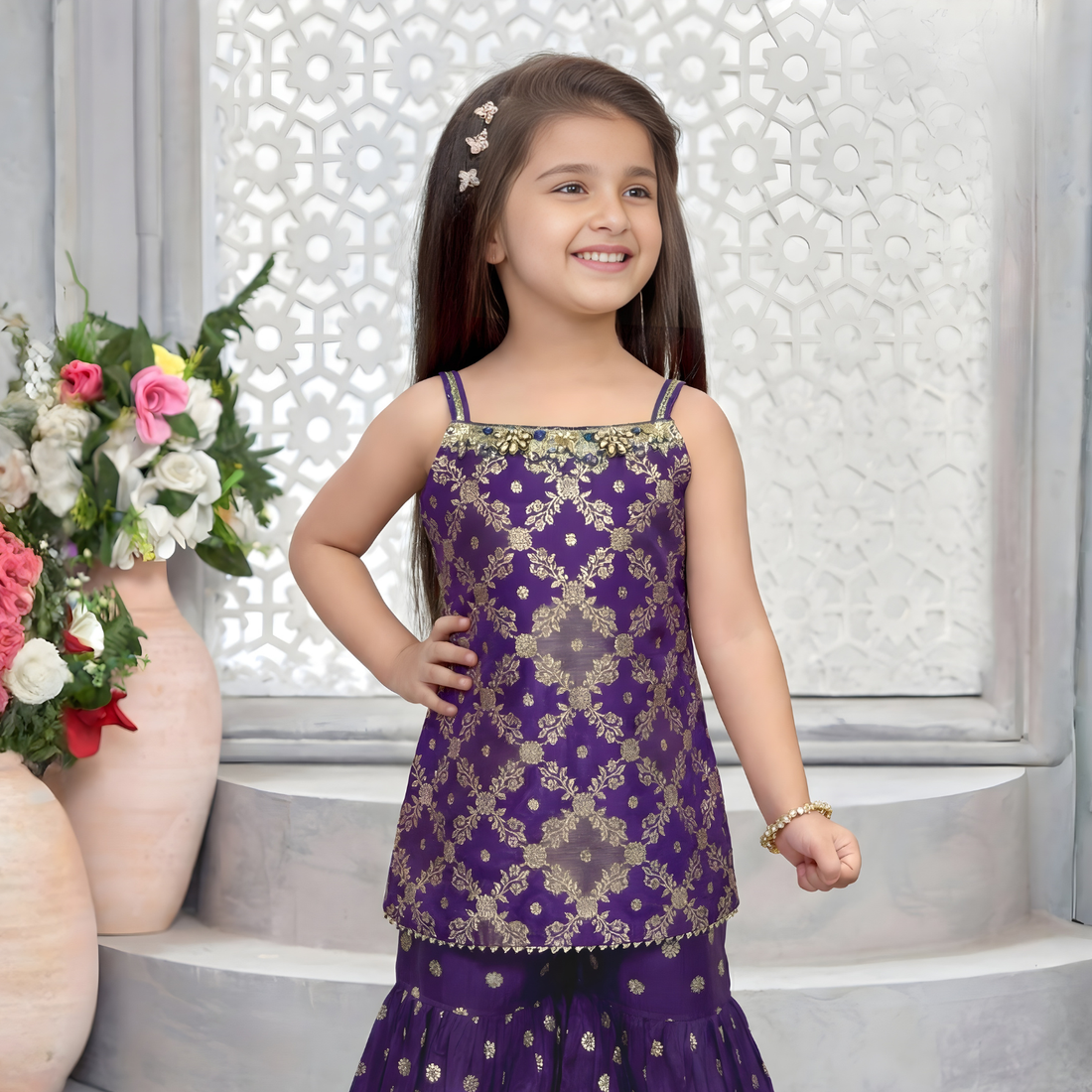 Beautiful Purple Embroidered Kurti Palazzo Set For Girls