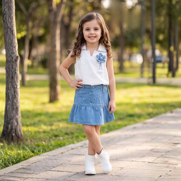 Girls Premium Denim Skirt Top Pearl Work