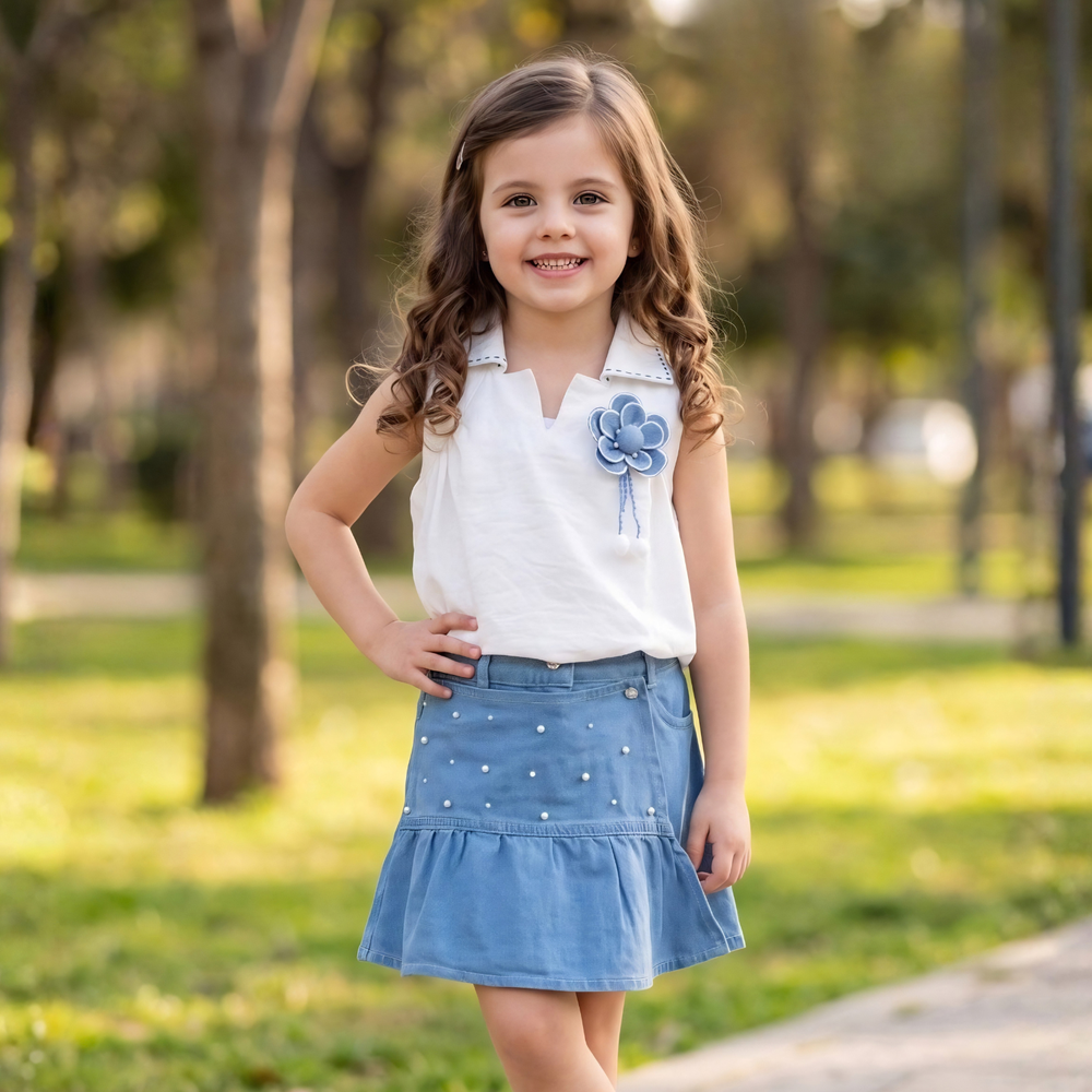 Girls Premium Denim Skirt Top Pearl Work