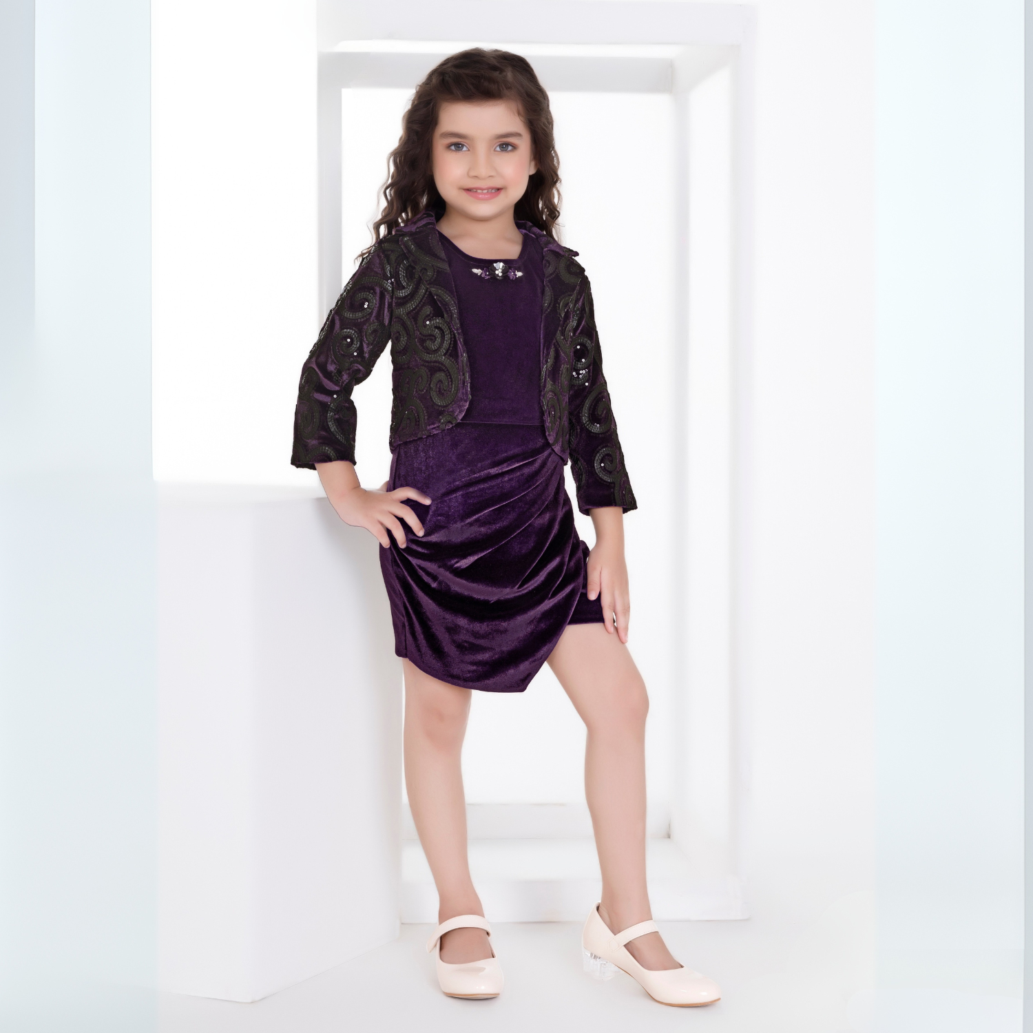 Girls New Stylish Jacket Frock / Girls Velvet Party Dress