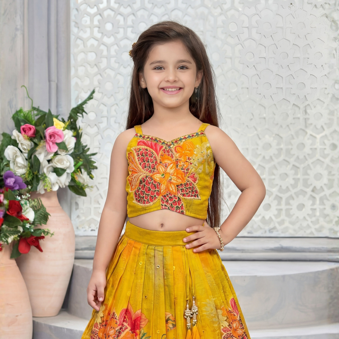 Kids Yellow Printed Lehenga Choli Set with Dupatta