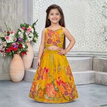 Kids Yellow Printed Lehenga Choli Set with Dupatta