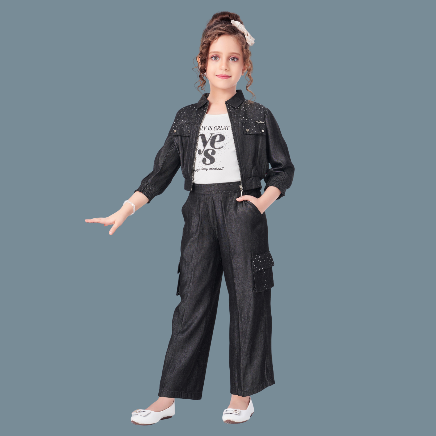 Black Pant And Overcoat With White Printed T-Shirt Set For Girls