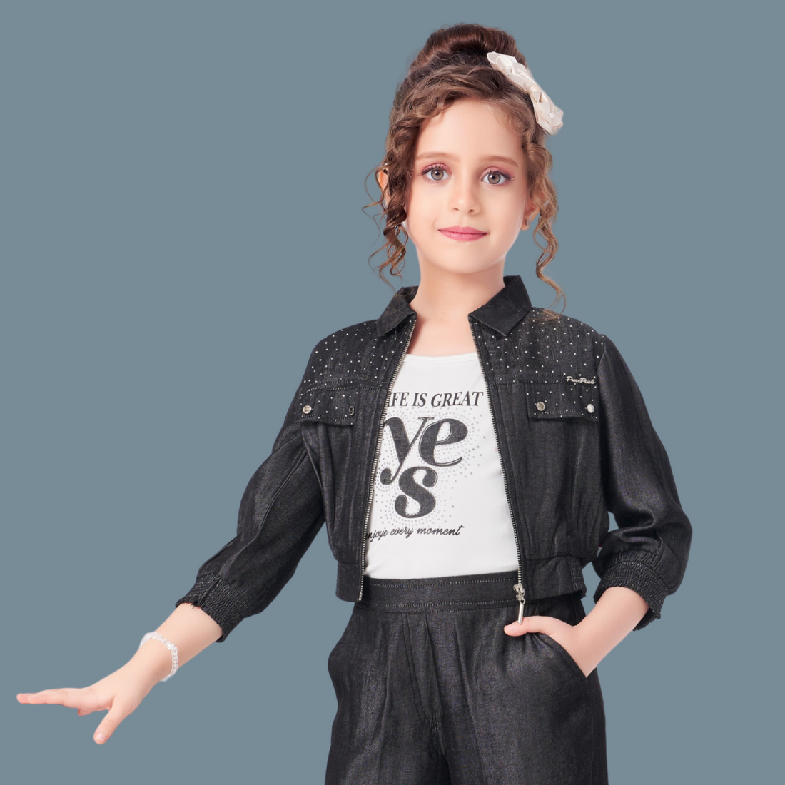 Black Pant And Overcoat With White Printed T-Shirt Set For Girls