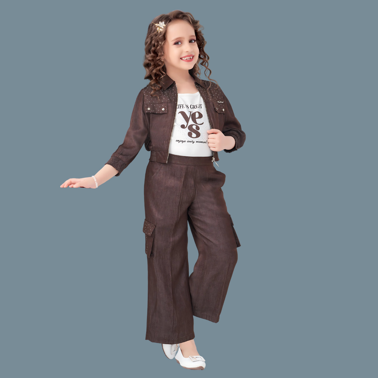 Brown Pant And Overcoat With White Printed T-Shirt Set For Girls