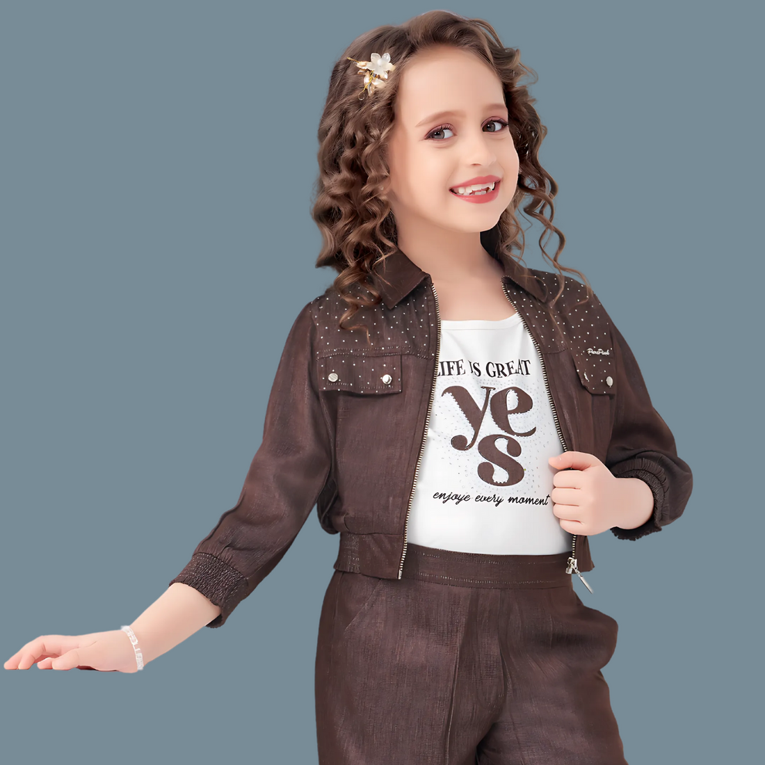 Brown Pant And Overcoat With White Printed T-Shirt Set For Girls