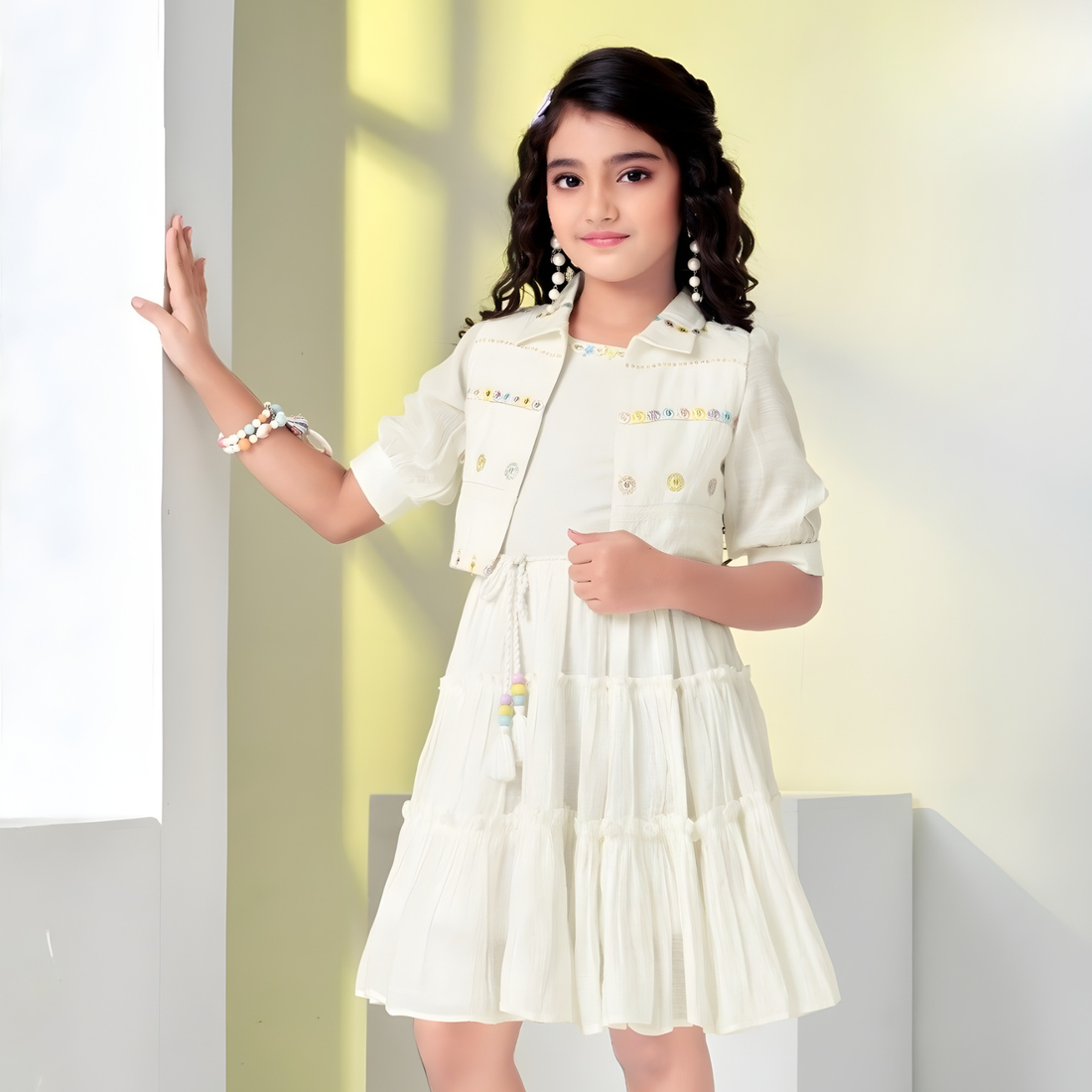 Stylish White Embroidered Kids Frock