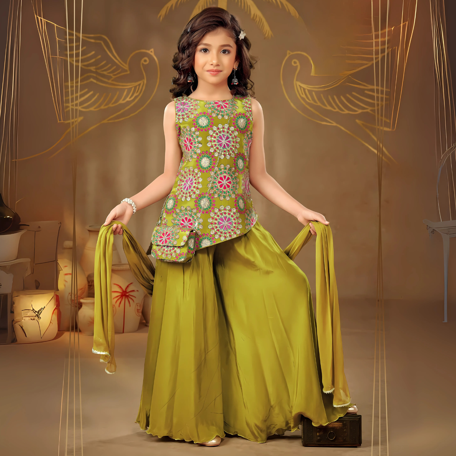 Girls Mehendi Green Palazzo Suit with Bag