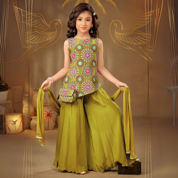 Girls Mehendi Green Palazzo Suit with Bag