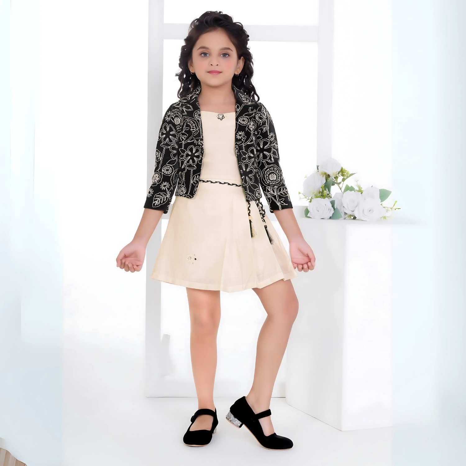 Top And Mini Skirt Set With Jacket For Girls