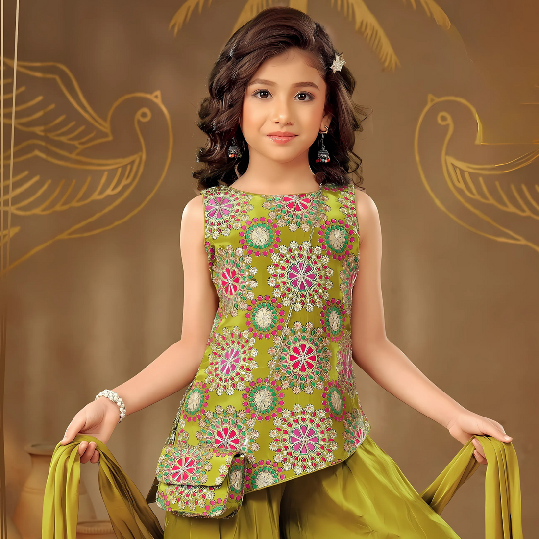 Girls Mehendi Green Palazzo Suit with Bag