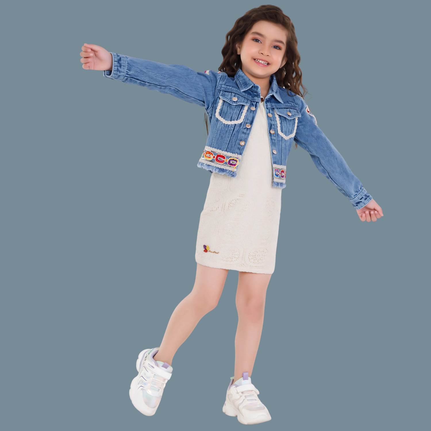 Cream Frock With Denim Jackets For Girls