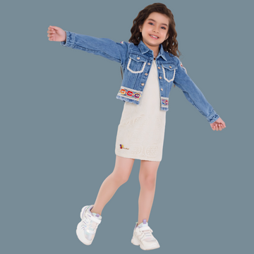 Cream Frock With Denim Jackets For Girls