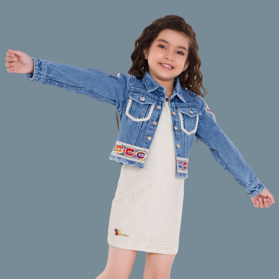 Cream Frock With Denim Jackets For Girls