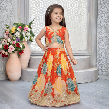 Designer Orange Printed Kids Lehenga Choli
