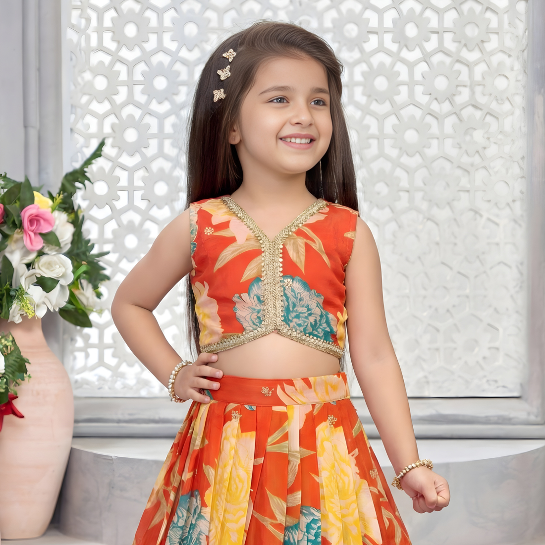 Designer Orange Printed Kids Lehenga Choli