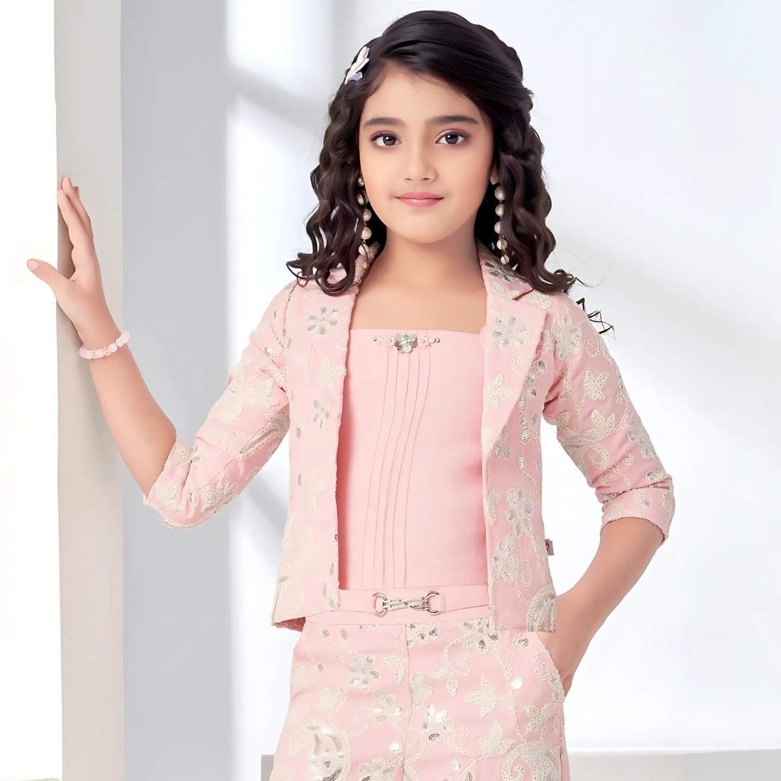 Pink Co Ord Sets With Overcoat For Girls